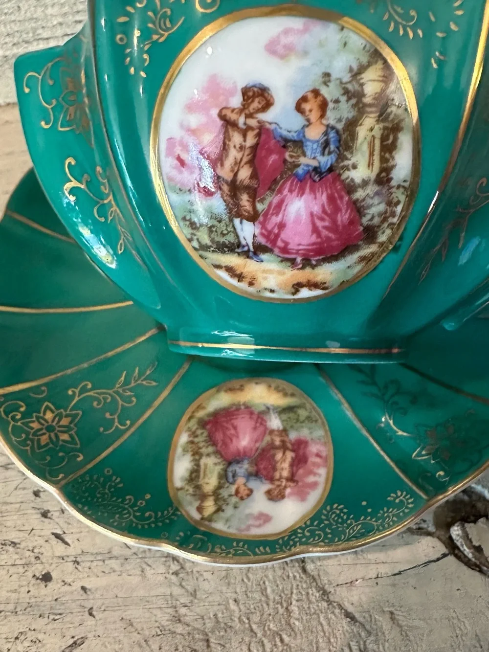 Lefton Scalloped Fluted Green Tea Cup  Hand Painted Courting Couple Romantic